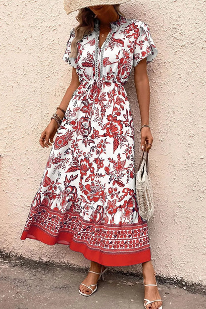 Printed Notched Short Sleeve Dress - adritiX