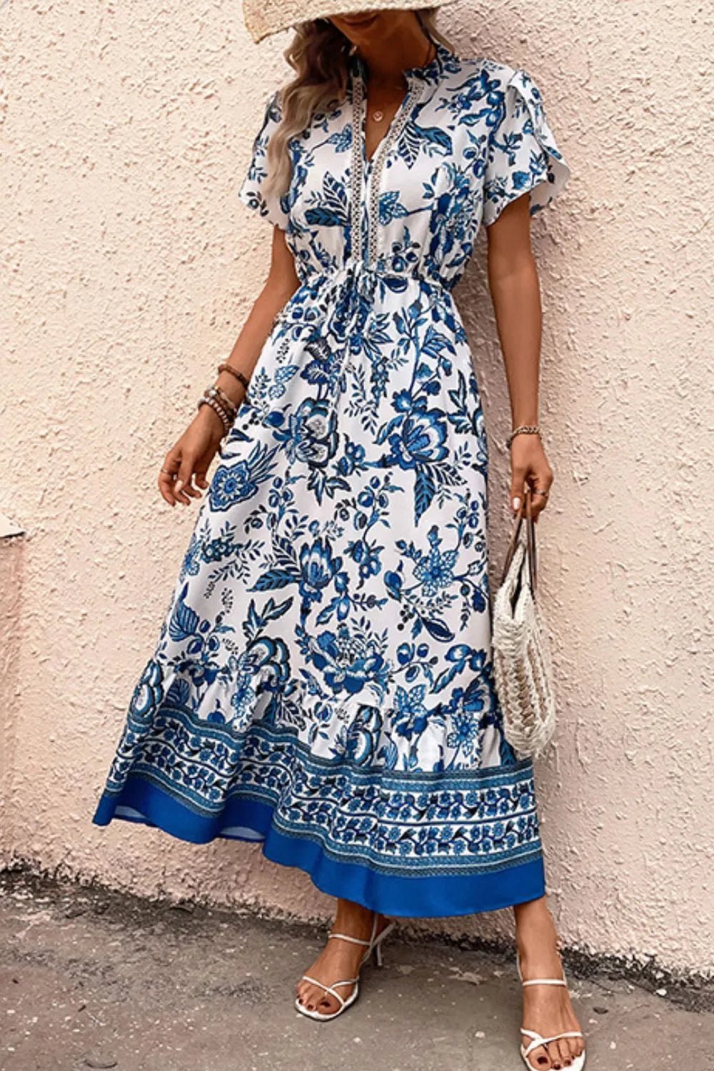 Printed Notched Short Sleeve Dress - adritiX