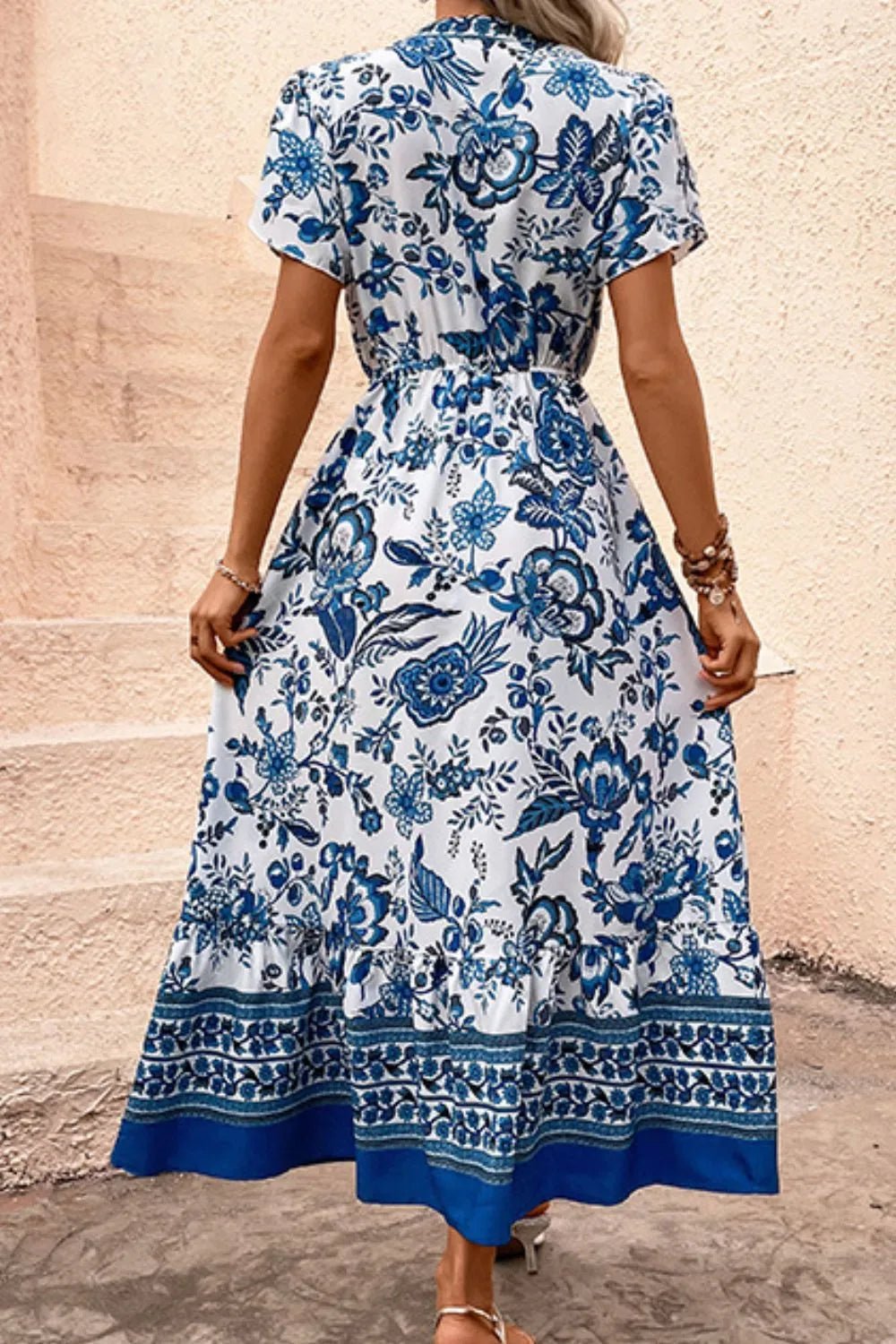 Printed Notched Short Sleeve Dress - adritiX