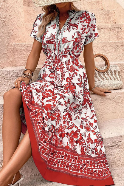 Printed Notched Short Sleeve Dress - adritiX