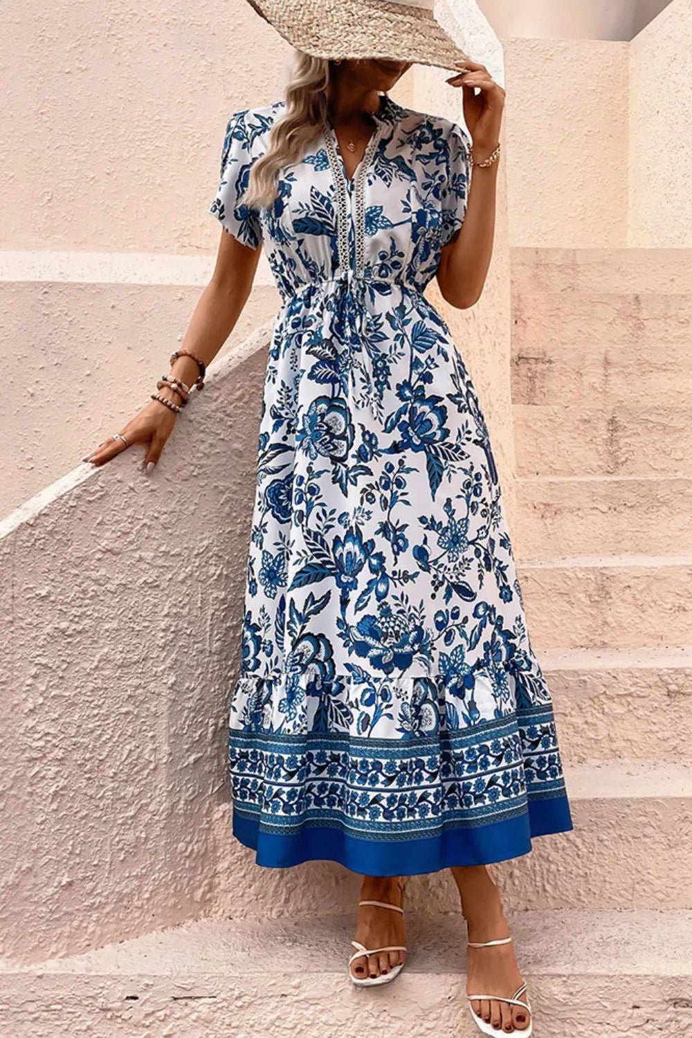 Printed Notched Short Sleeve Dress - adritiX
