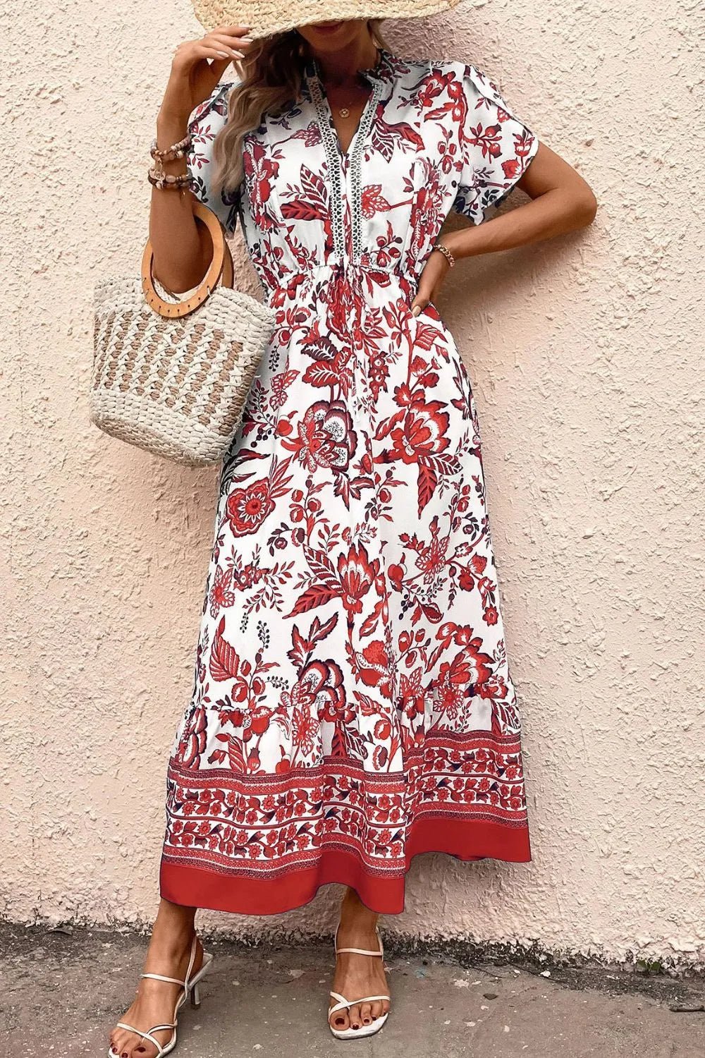 Printed Notched Short Sleeve Dress - adritiX