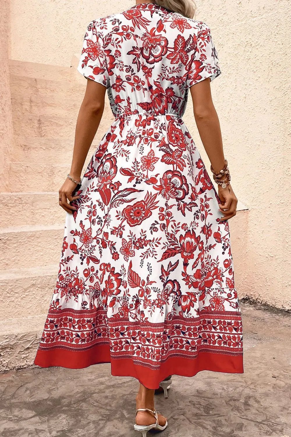 Printed Notched Short Sleeve Dress - adritiX