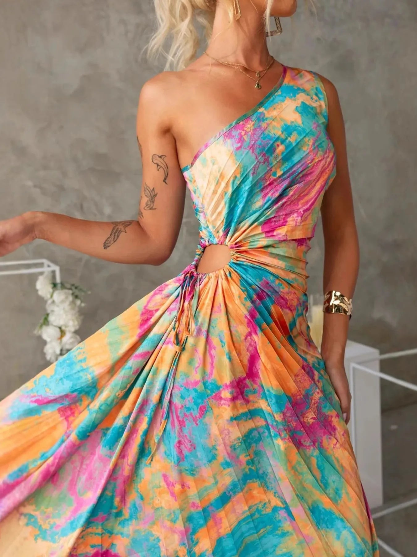 Printed One Shoulder Asymmetrical Maxi Dress - adritiX