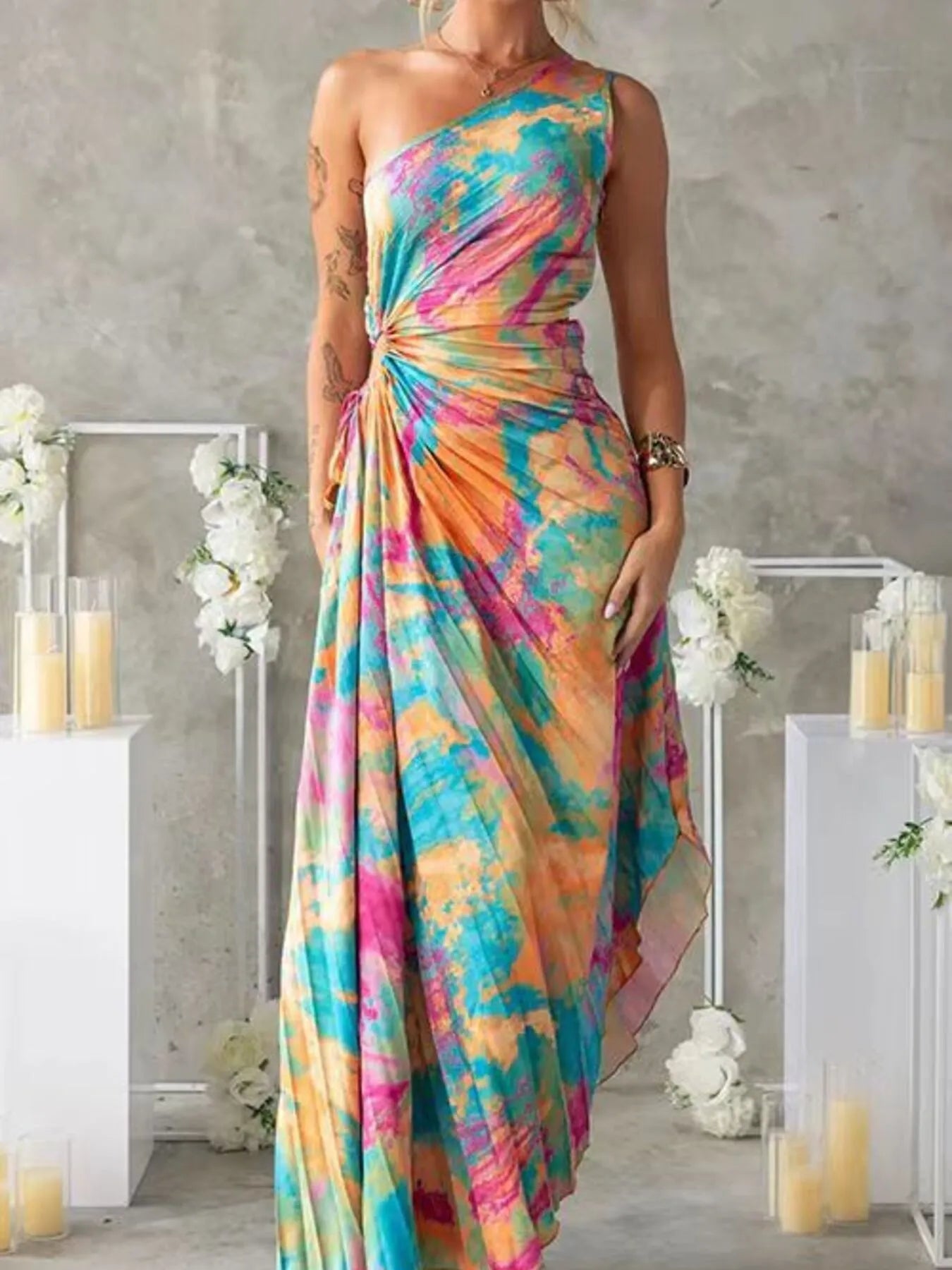 Printed One Shoulder Asymmetrical Maxi Dress - adritiX