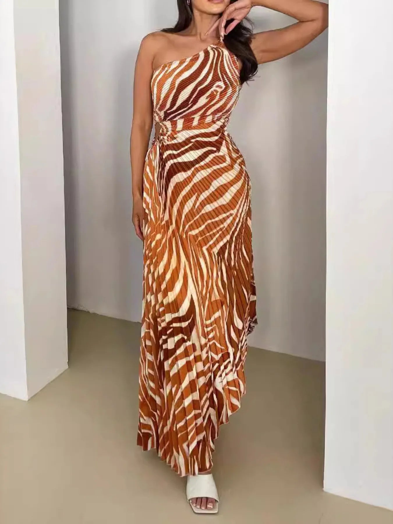 Printed One Shoulder Asymmetrical Maxi Dress - adritiX