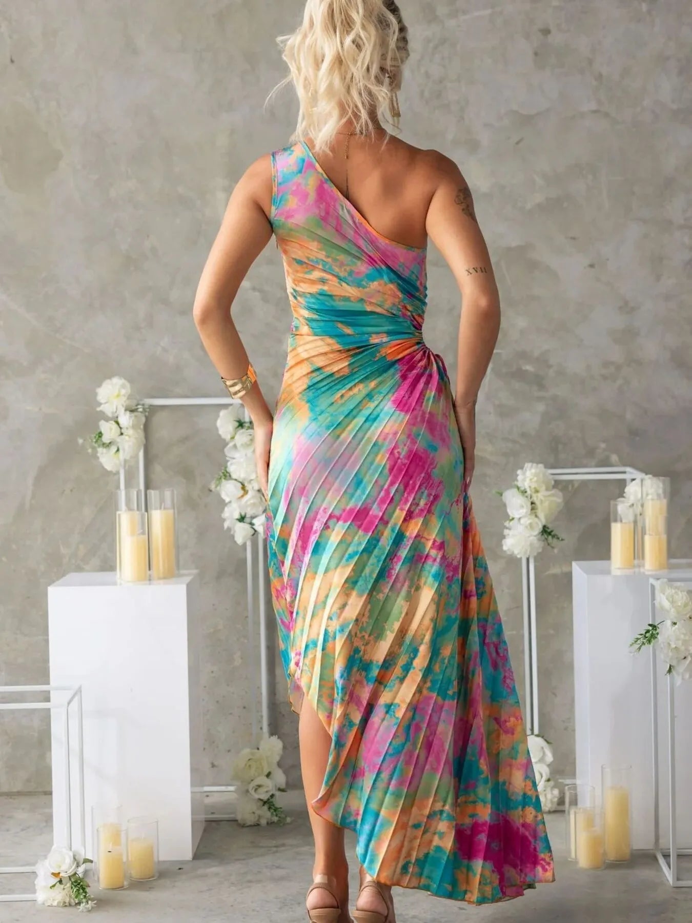 Printed One Shoulder Asymmetrical Maxi Dress - adritiX