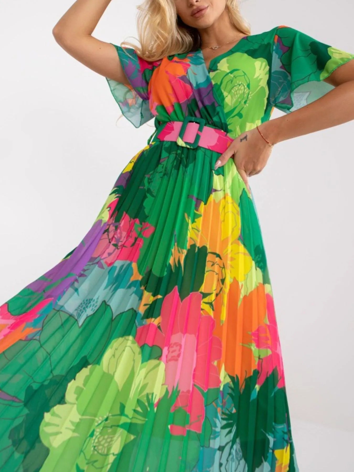 Printed Pleated Midi Wrap Dress with Belt - adritiX
