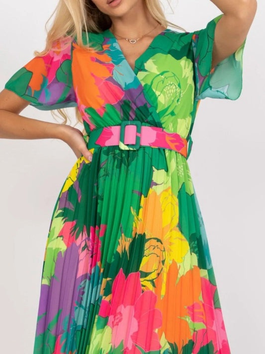 Printed Pleated Midi Wrap Dress with Belt - adritiX