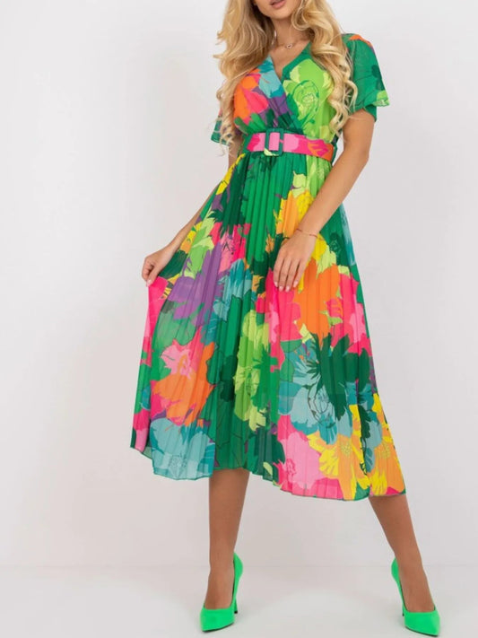 Printed Pleated Midi Wrap Dress with Belt - adritiX