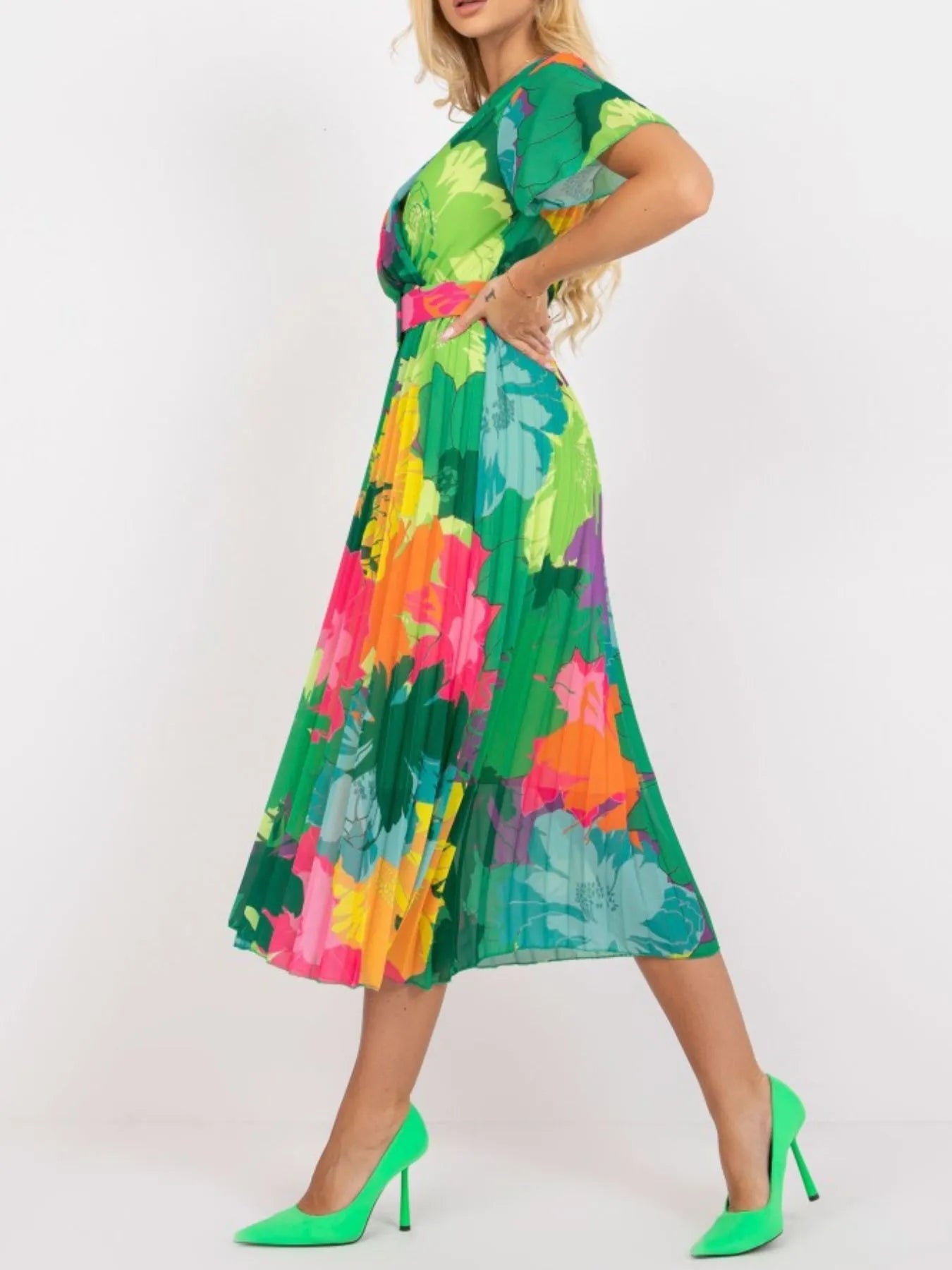 Printed Pleated Midi Wrap Dress with Belt - adritiX