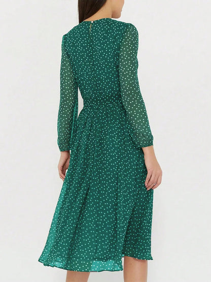 Printed Round Neck Long Sleeve Midi Dress - adritiX