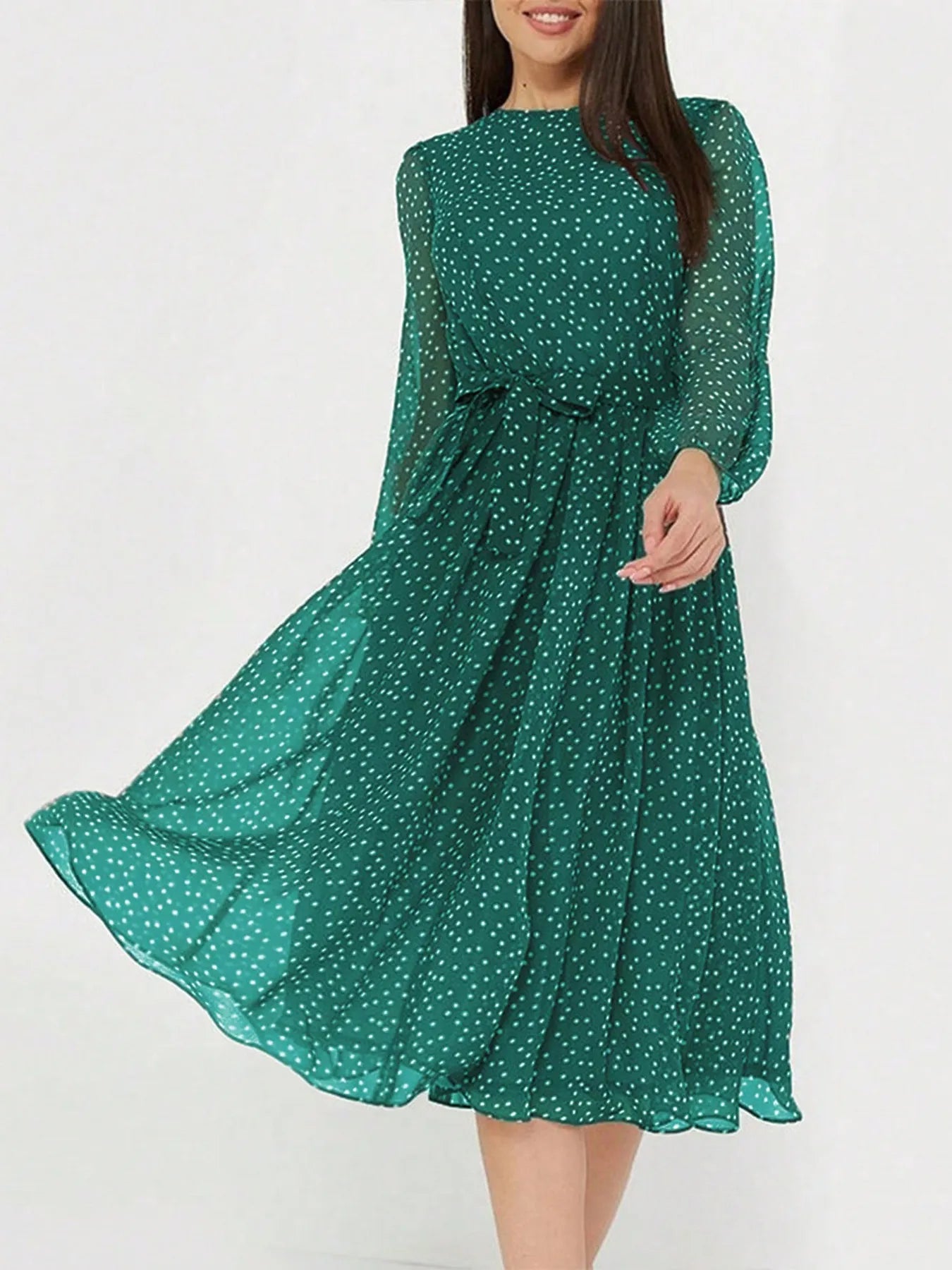 Printed Round Neck Long Sleeve Midi Dress - adritiX