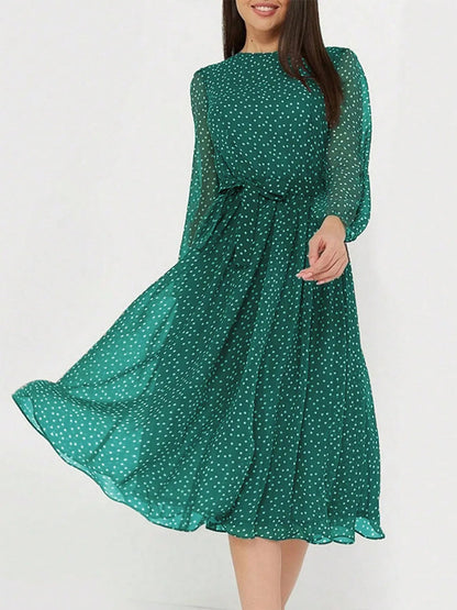 Printed Round Neck Long Sleeve Midi Dress - adritiX