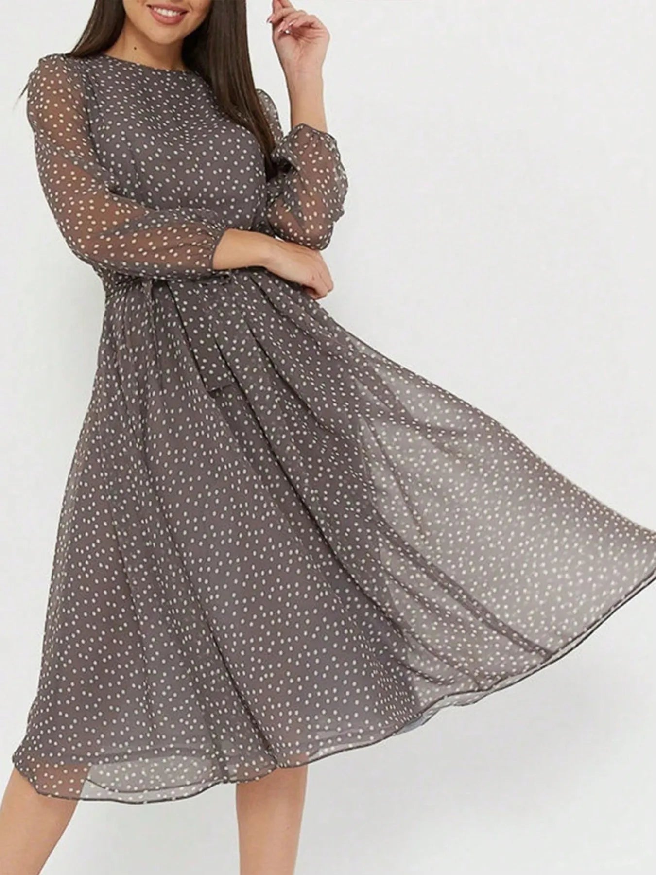 Printed Round Neck Long Sleeve Midi Dress - adritiX