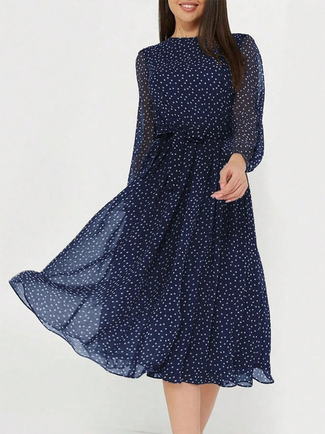 Printed Round Neck Long Sleeve Midi Dress - adritiX
