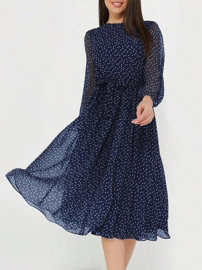 Printed Round Neck Long Sleeve Midi Dress - adritiX