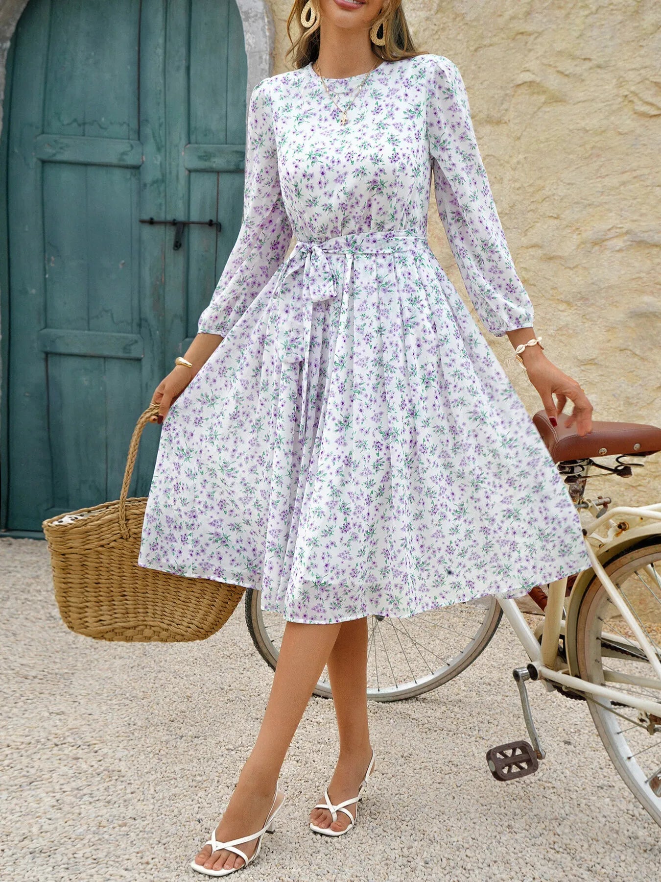 Printed Round Neck Long Sleeve Midi Dress - adritiX