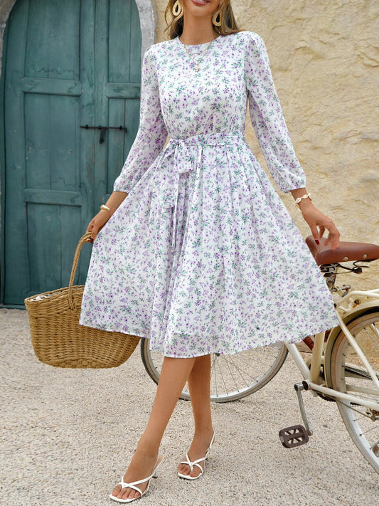 Printed Round Neck Long Sleeve Midi Dress - adritiX