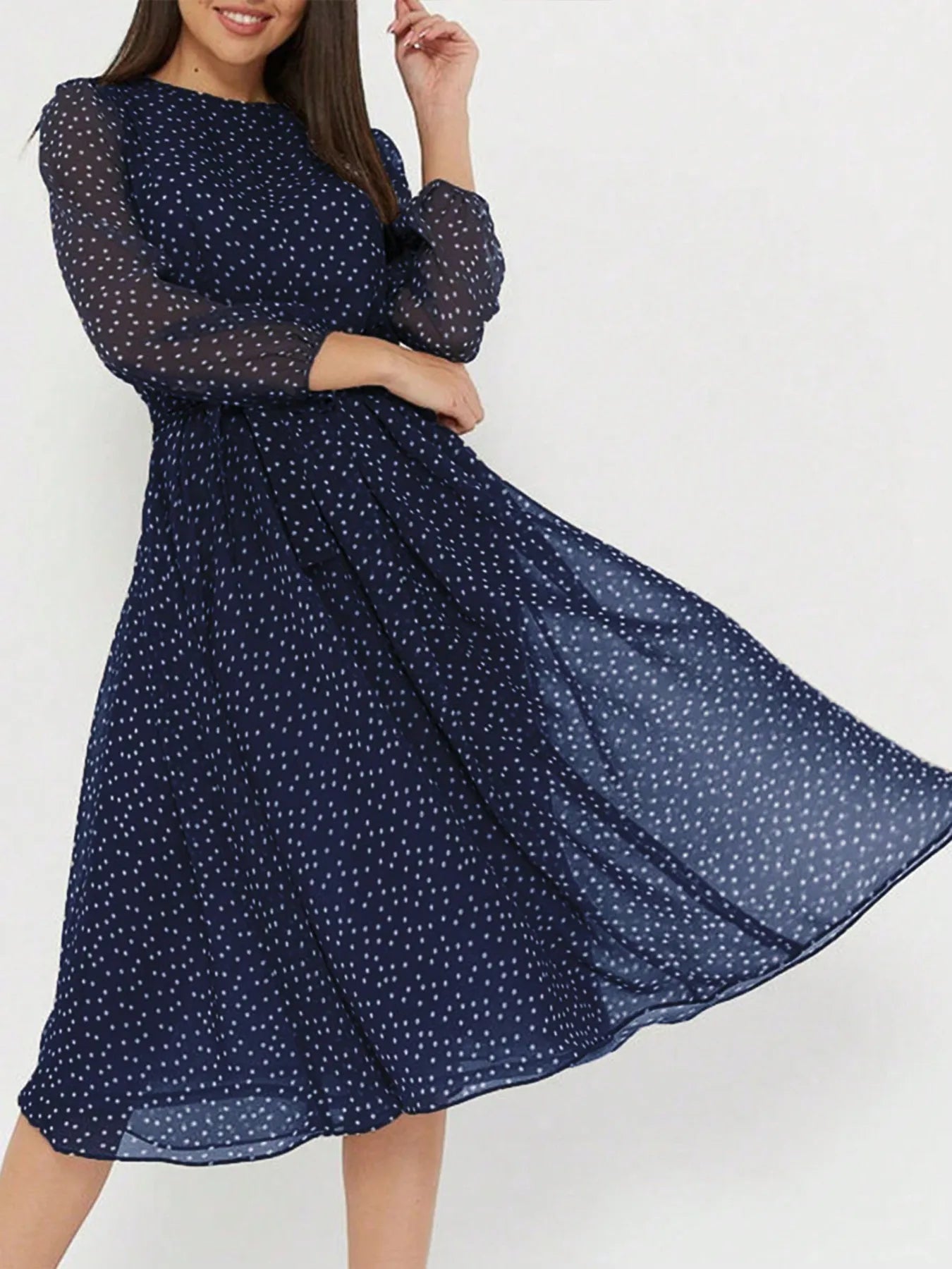 Printed Round Neck Long Sleeve Midi Dress - adritiX