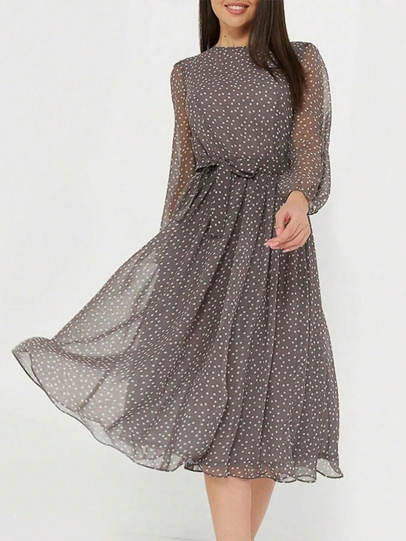 Printed Round Neck Long Sleeve Midi Dress - adritiX
