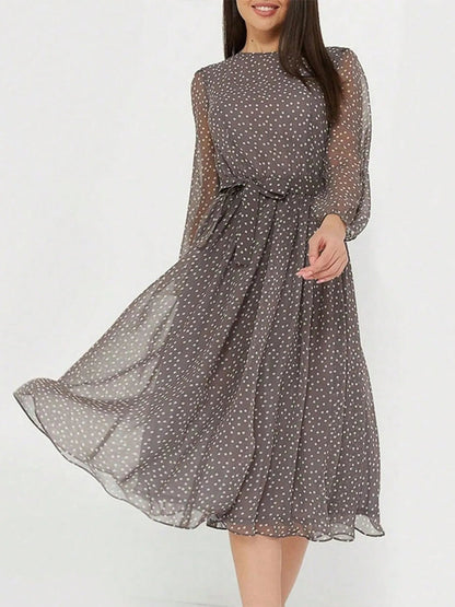 Printed Round Neck Long Sleeve Midi Dress - adritiX
