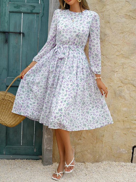 Printed Round Neck Long Sleeve Midi Dress - adritiX