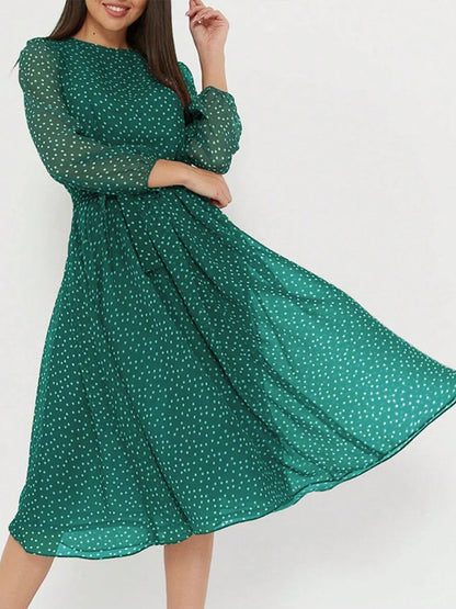 Printed Round Neck Long Sleeve Midi Dress - adritiX