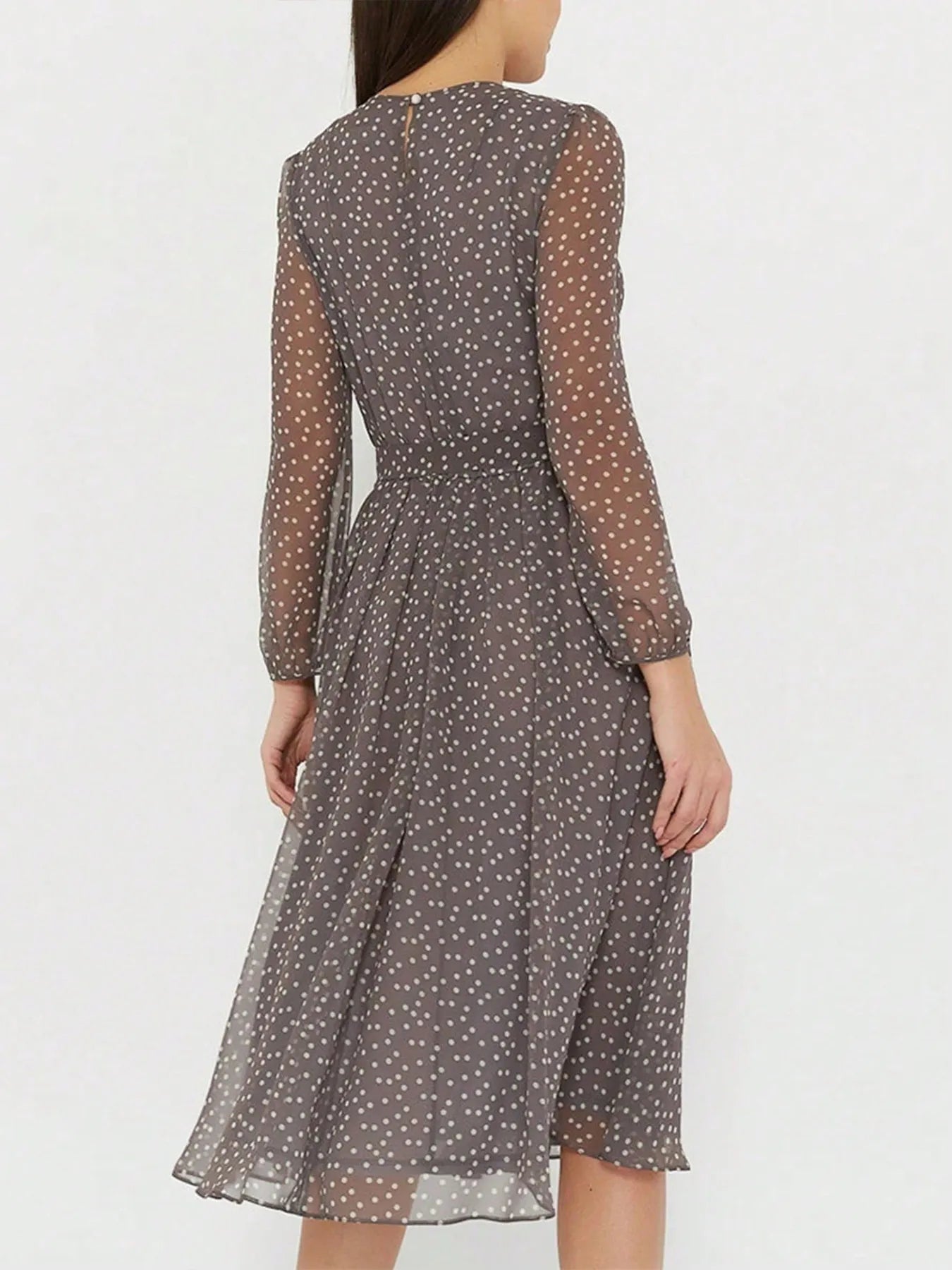 Printed Round Neck Long Sleeve Midi Dress - adritiX