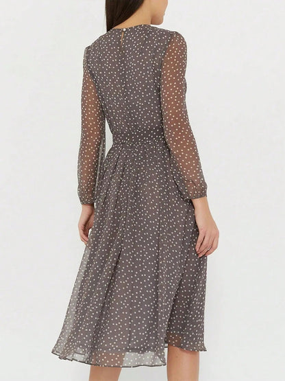 Printed Round Neck Long Sleeve Midi Dress - adritiX