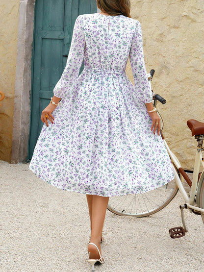 Printed Round Neck Long Sleeve Midi Dress - adritiX