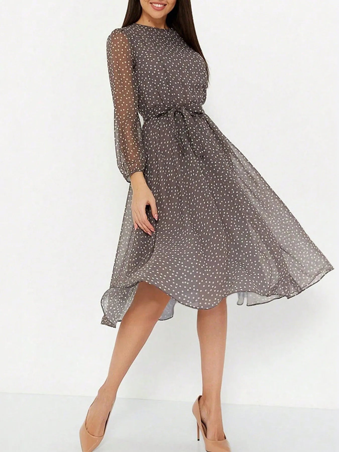 Printed Round Neck Long Sleeve Midi Dress - adritiX