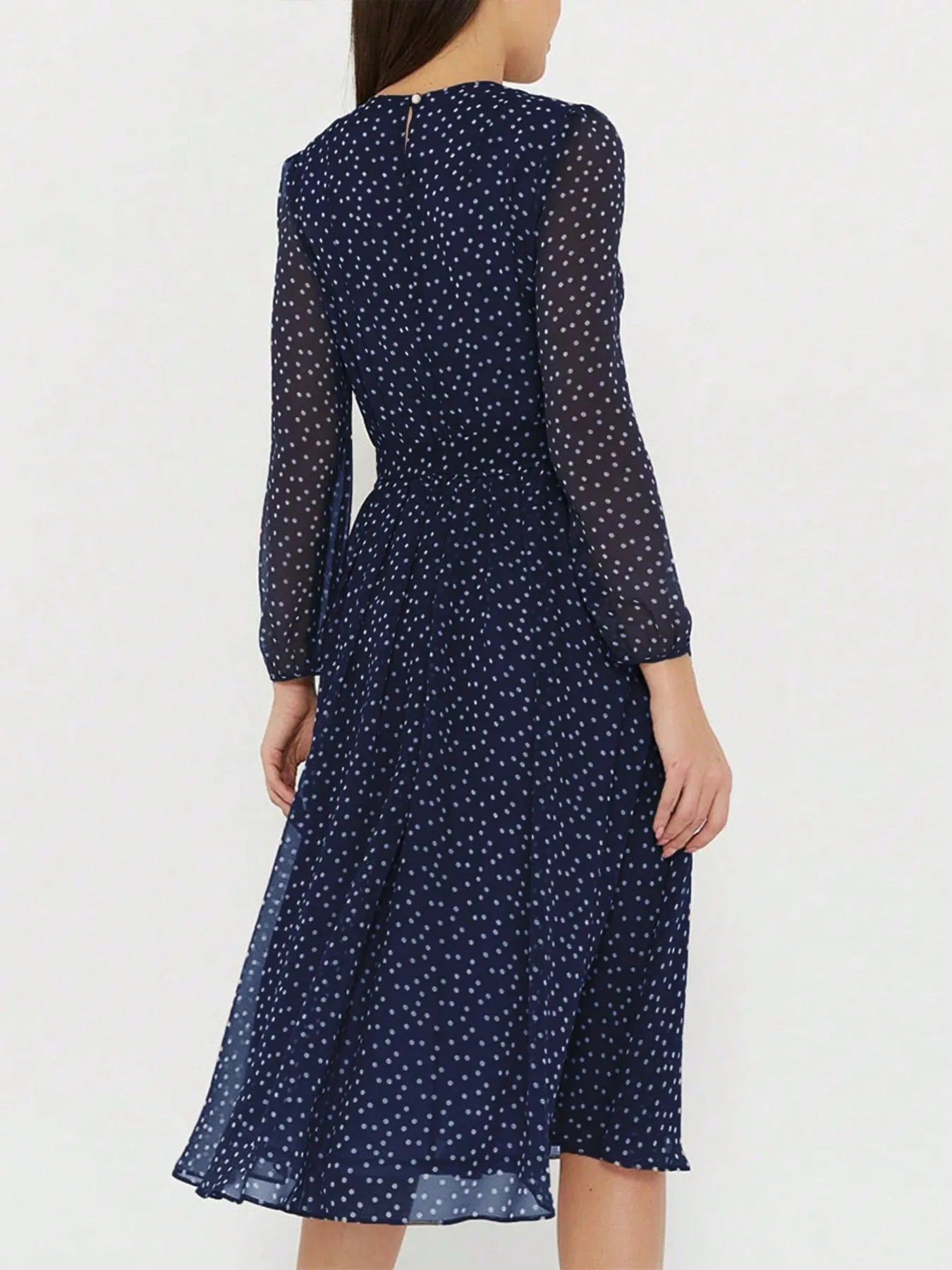 Printed Round Neck Long Sleeve Midi Dress - adritiX