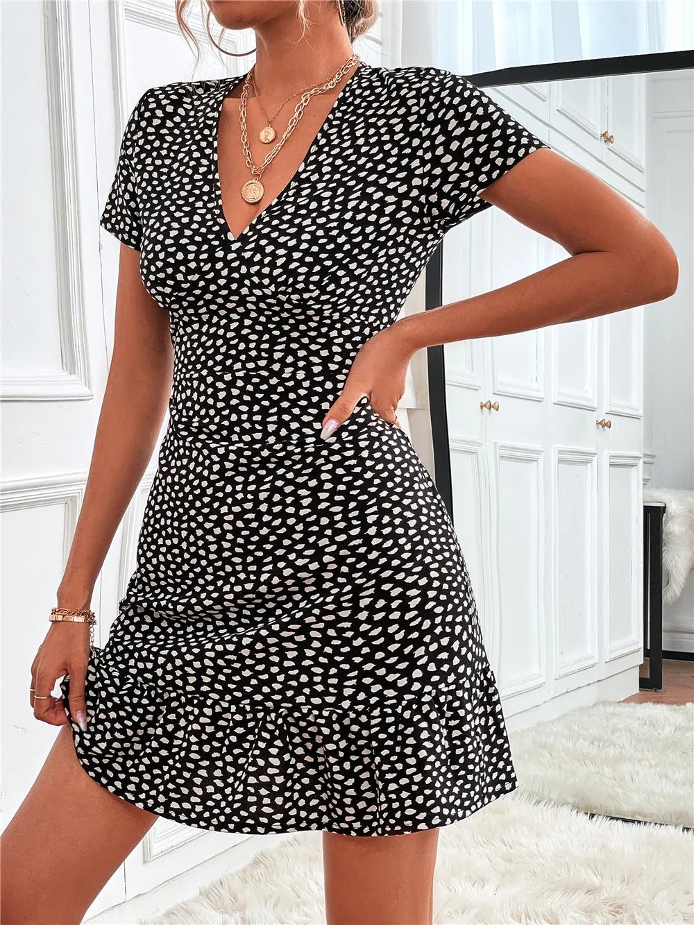 Printed Ruffled Hem V - Neck Short Sleeve Mini Dress - adritiX