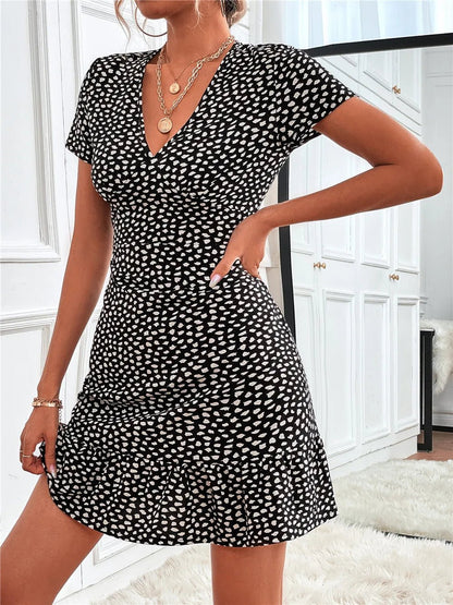 Printed Ruffled Hem V - Neck Short Sleeve Mini Dress - adritiX