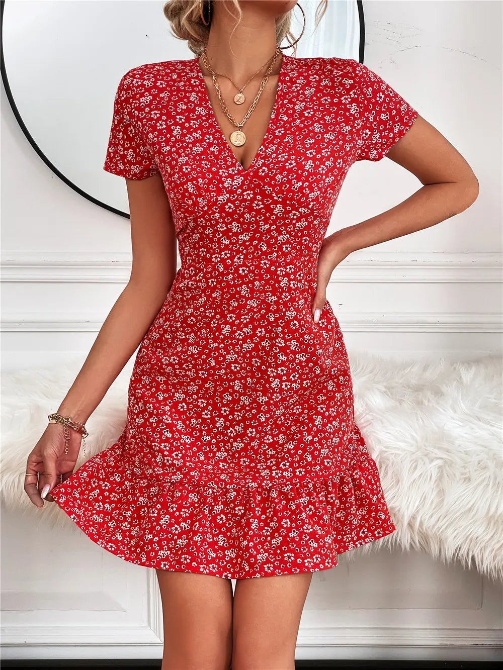 Printed Ruffled Hem V - Neck Short Sleeve Mini Dress - adritiX