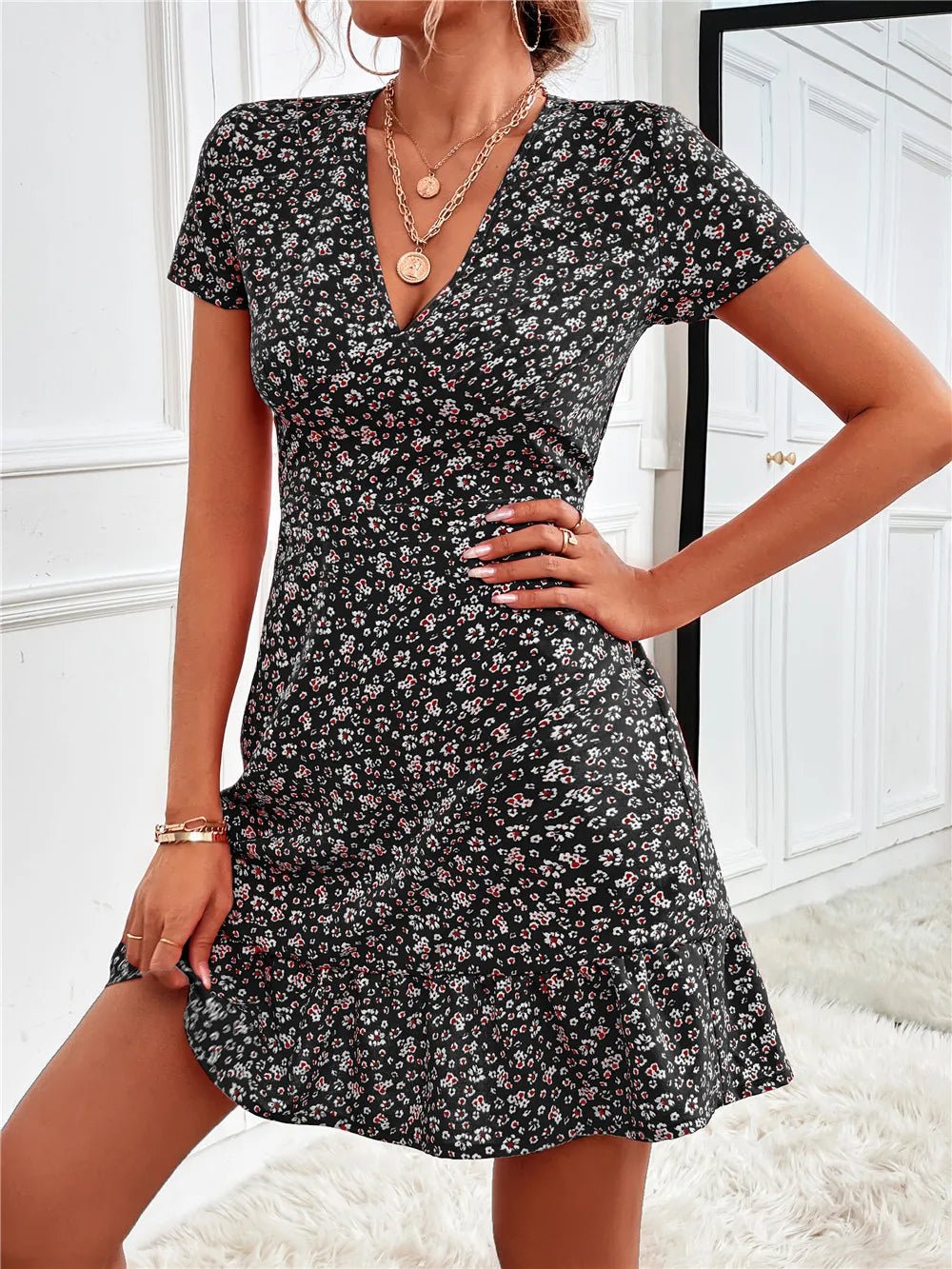 Printed Ruffled Hem V - Neck Short Sleeve Mini Dress - adritiX