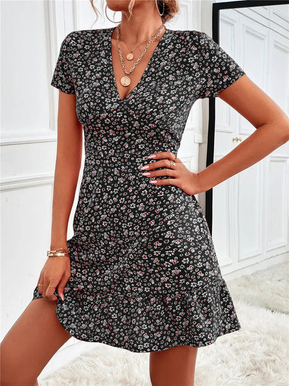 Printed Ruffled Hem V - Neck Short Sleeve Mini Dress - adritiX