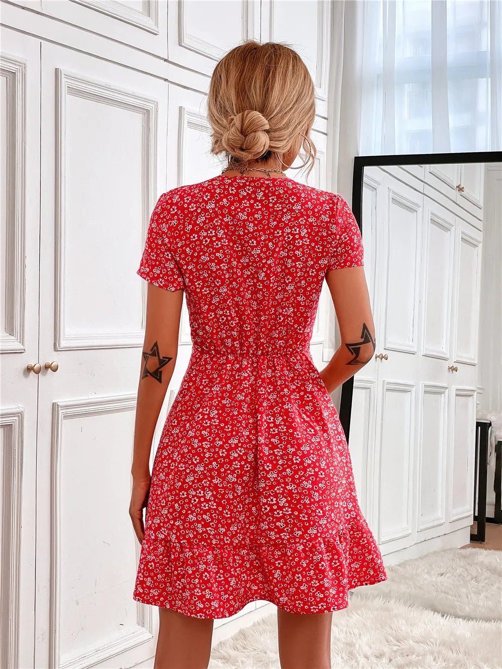 Printed Ruffled Hem V - Neck Short Sleeve Mini Dress - adritiX