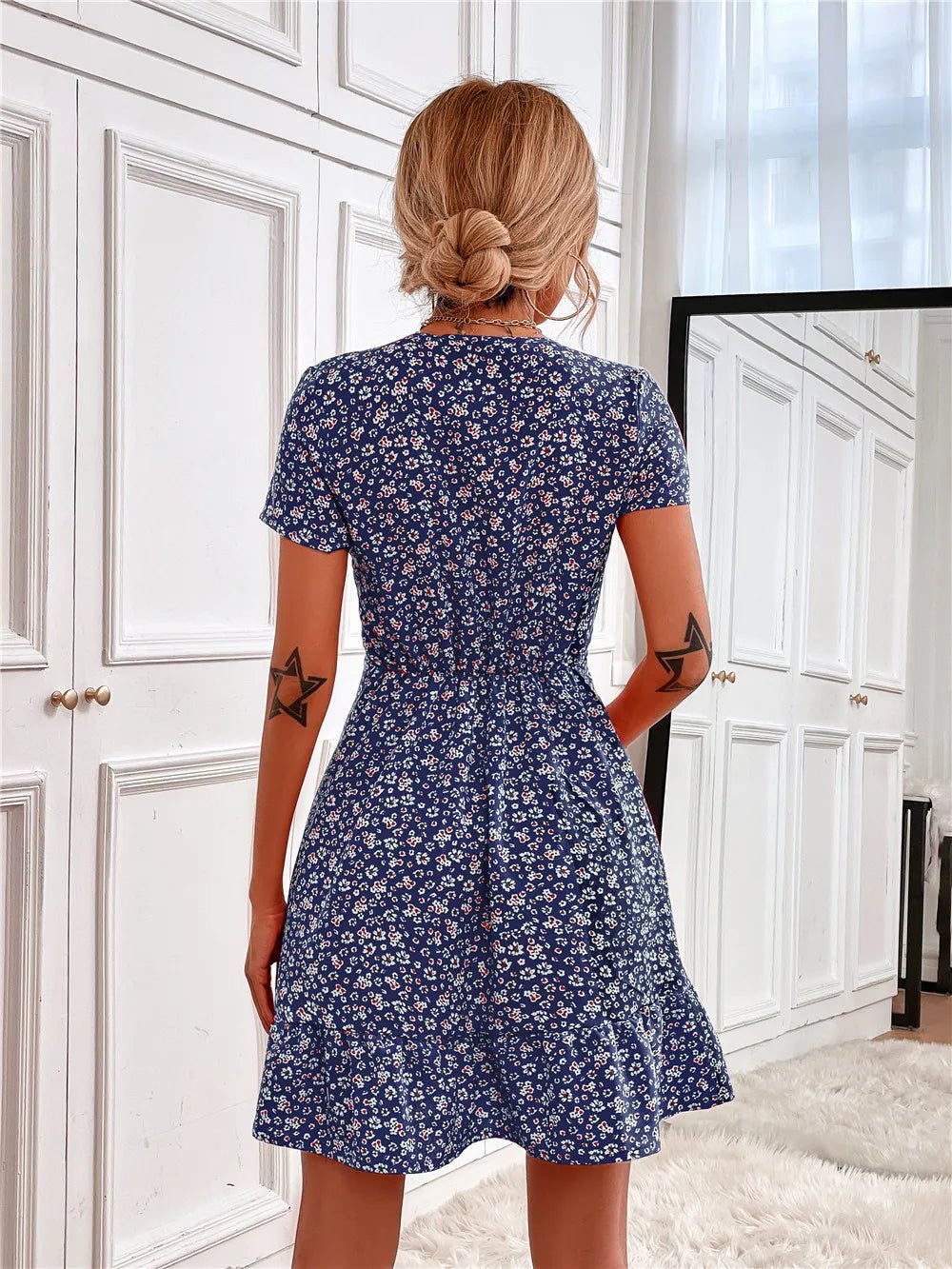 Printed Ruffled Hem V - Neck Short Sleeve Mini Dress - adritiX