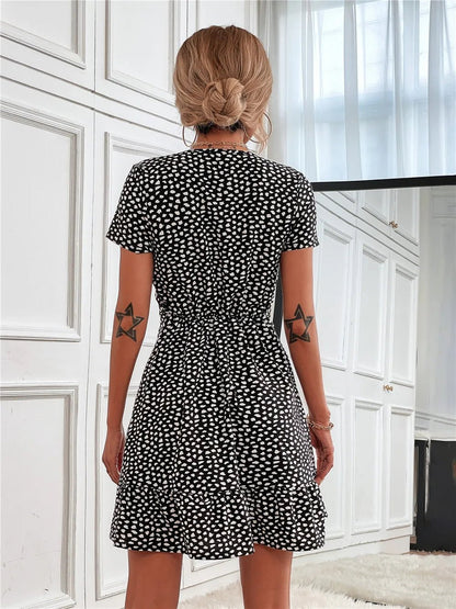 Printed Ruffled Hem V - Neck Short Sleeve Mini Dress - adritiX