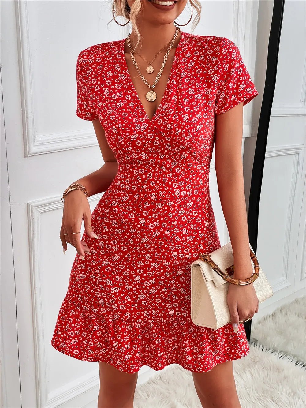 Printed Ruffled Hem V - Neck Short Sleeve Mini Dress - adritiX