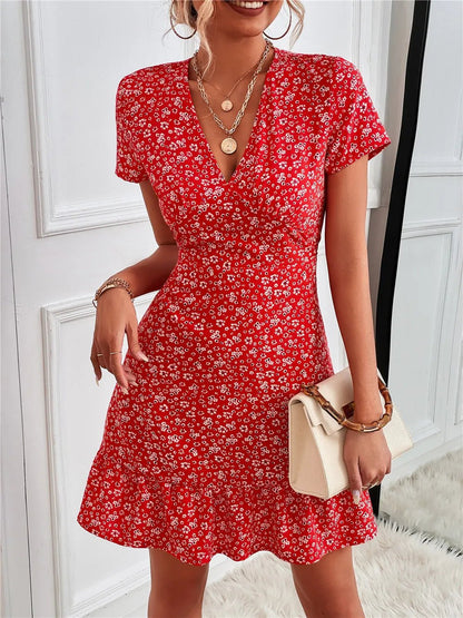 Printed Ruffled Hem V - Neck Short Sleeve Mini Dress - adritiX