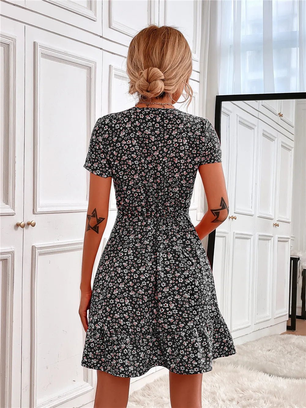 Printed Ruffled Hem V - Neck Short Sleeve Mini Dress - adritiX
