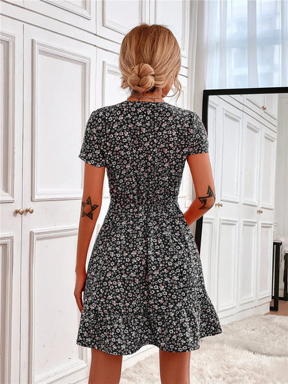 Printed Ruffled Hem V - Neck Short Sleeve Mini Dress - adritiX