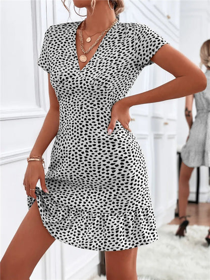 Printed Ruffled Hem V - Neck Short Sleeve Mini Dress - adritiX
