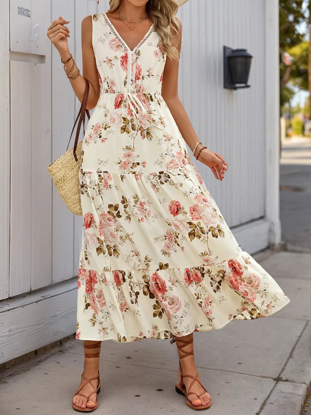 Printed Ruffled Hem V - Neck Sleeveless Dress - adritiX