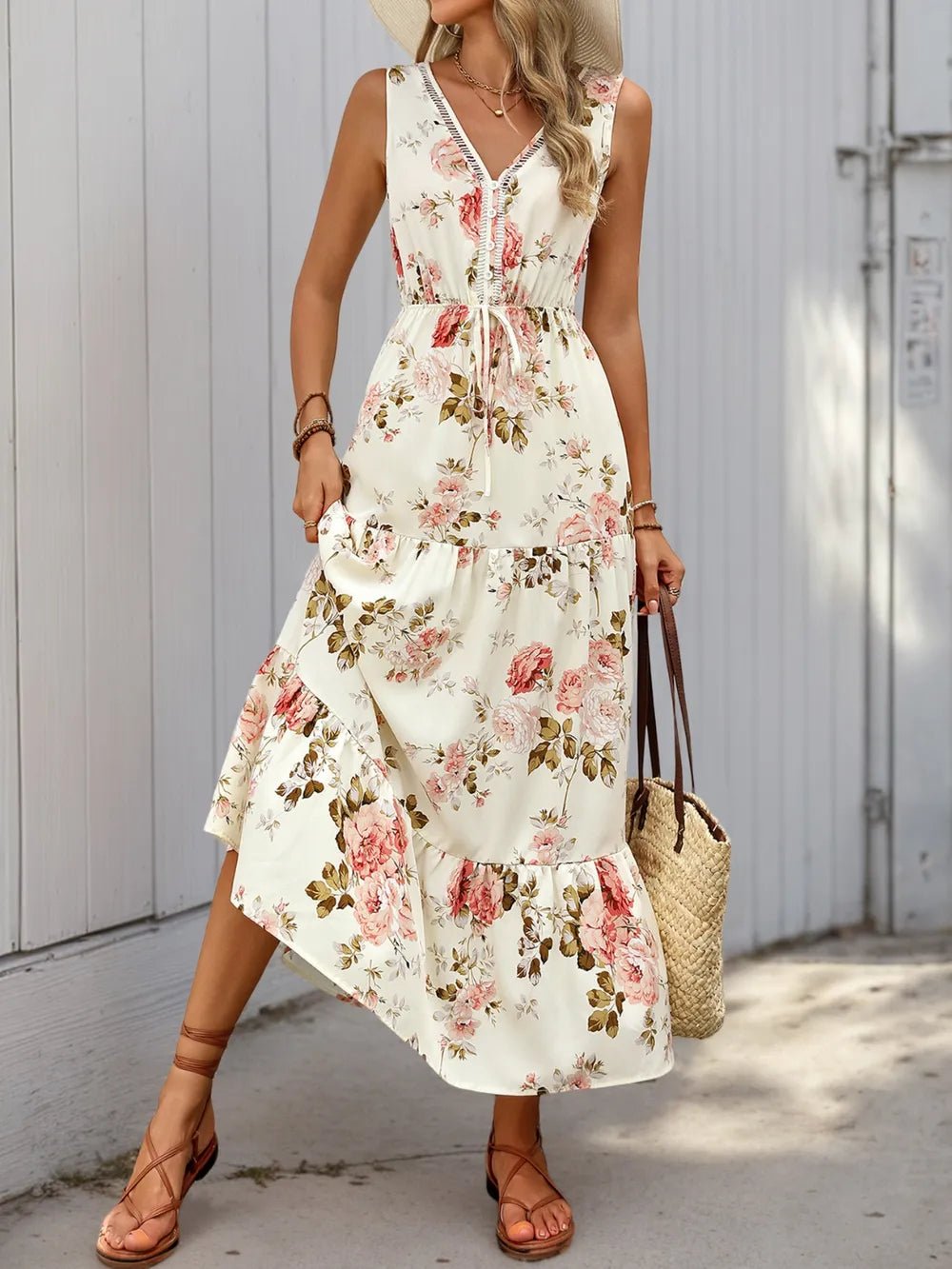 Printed Ruffled Hem V - Neck Sleeveless Dress - adritiX
