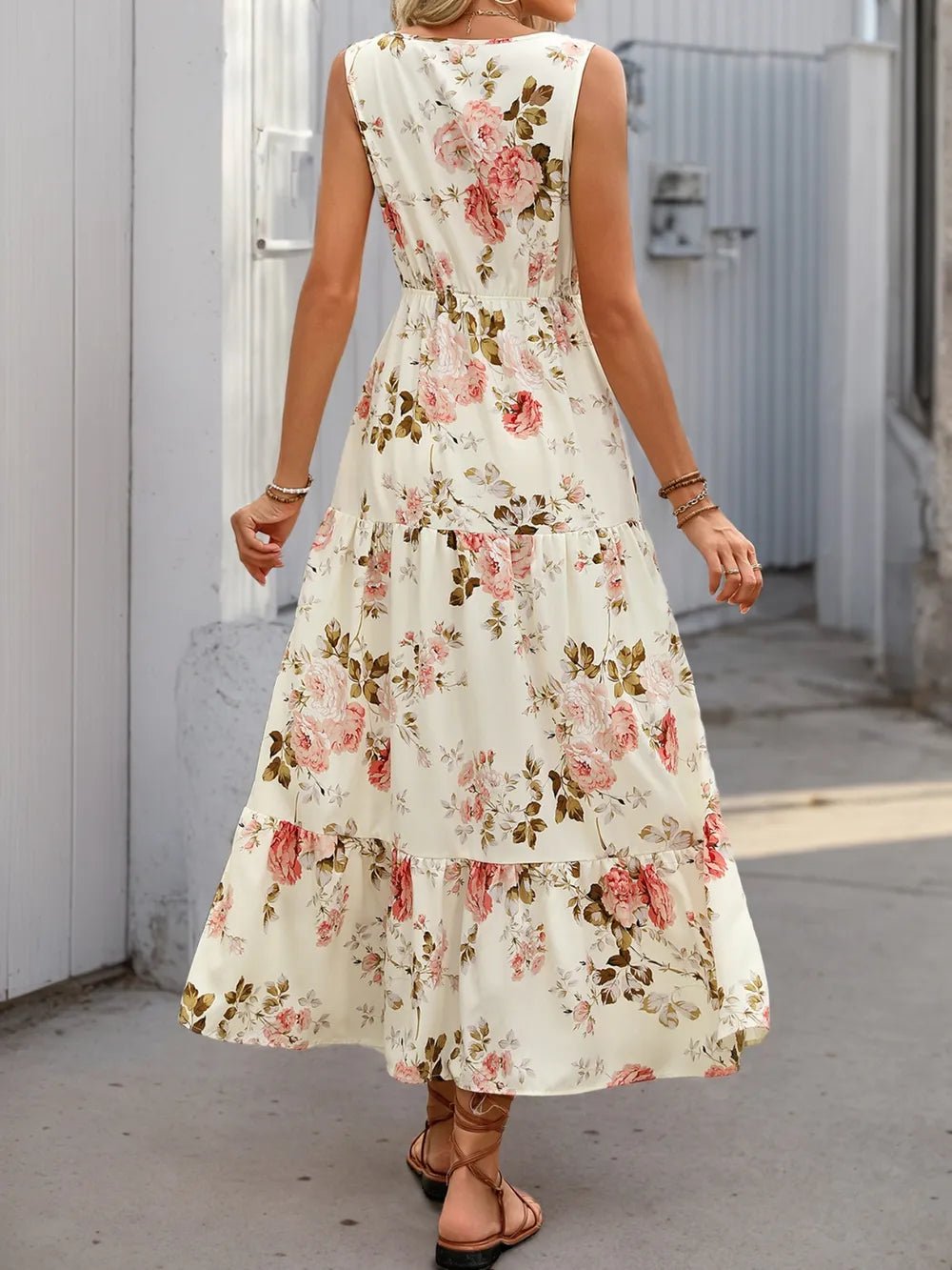 Printed Ruffled Hem V - Neck Sleeveless Dress - adritiX