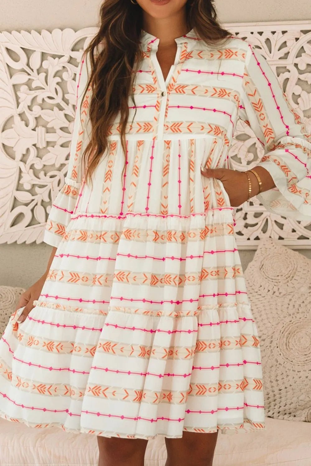 Printed Ruffled Notched Loose Dress - adritiX